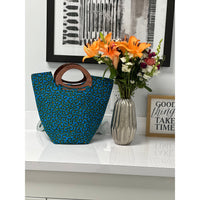 Aqua print oversized Tote with wooden handle