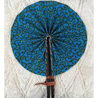 Aqua and yellow spiral African print folding fan