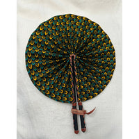 Blue and yellow tight patterned African print folding fan