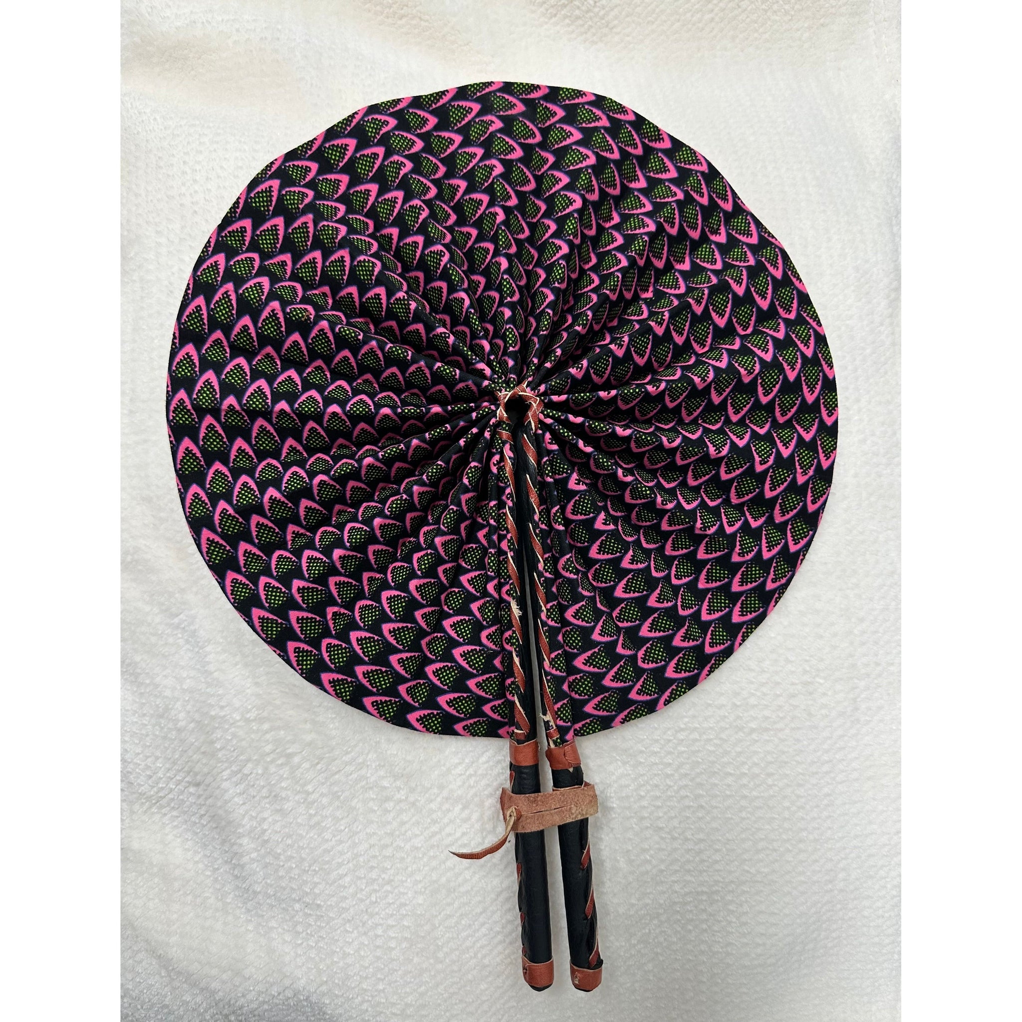 Patterned Fan Pink and green tight patterned African print folding fan – Awura's Wardrobe