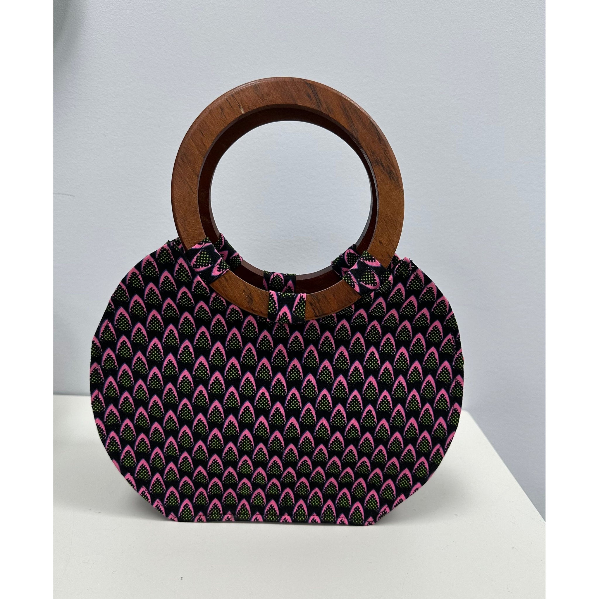 Pink and green tight patterned Wooden handle handbag