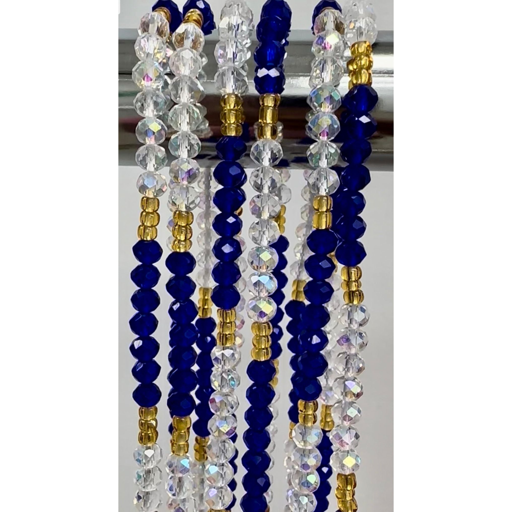 Crystal blue, clear and gold waist beads