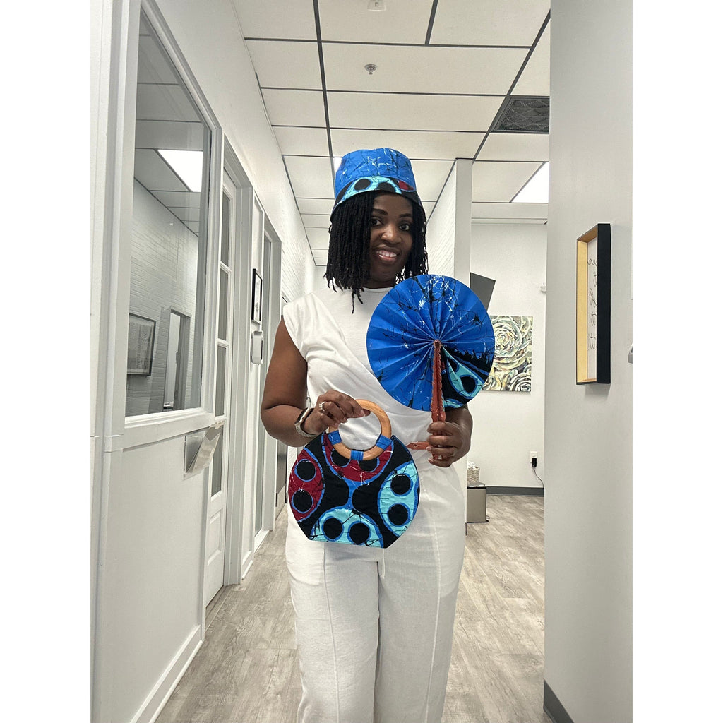 Blue red & black African wooden handle bags with folding fan