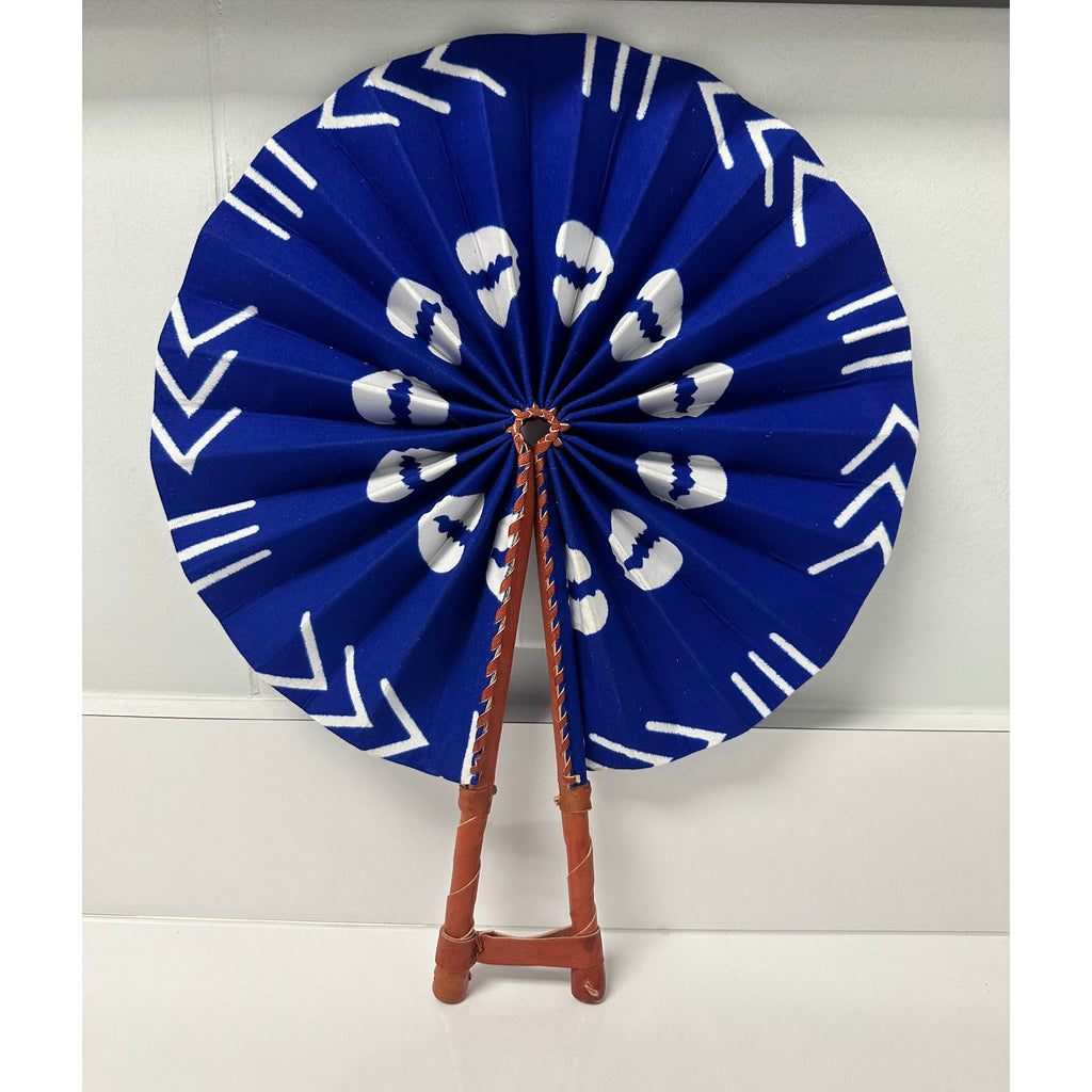 Blue mud cloth folding fan
