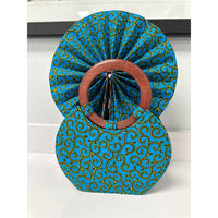 Aqua and yellow  print wooden handle handbag and folding fan
