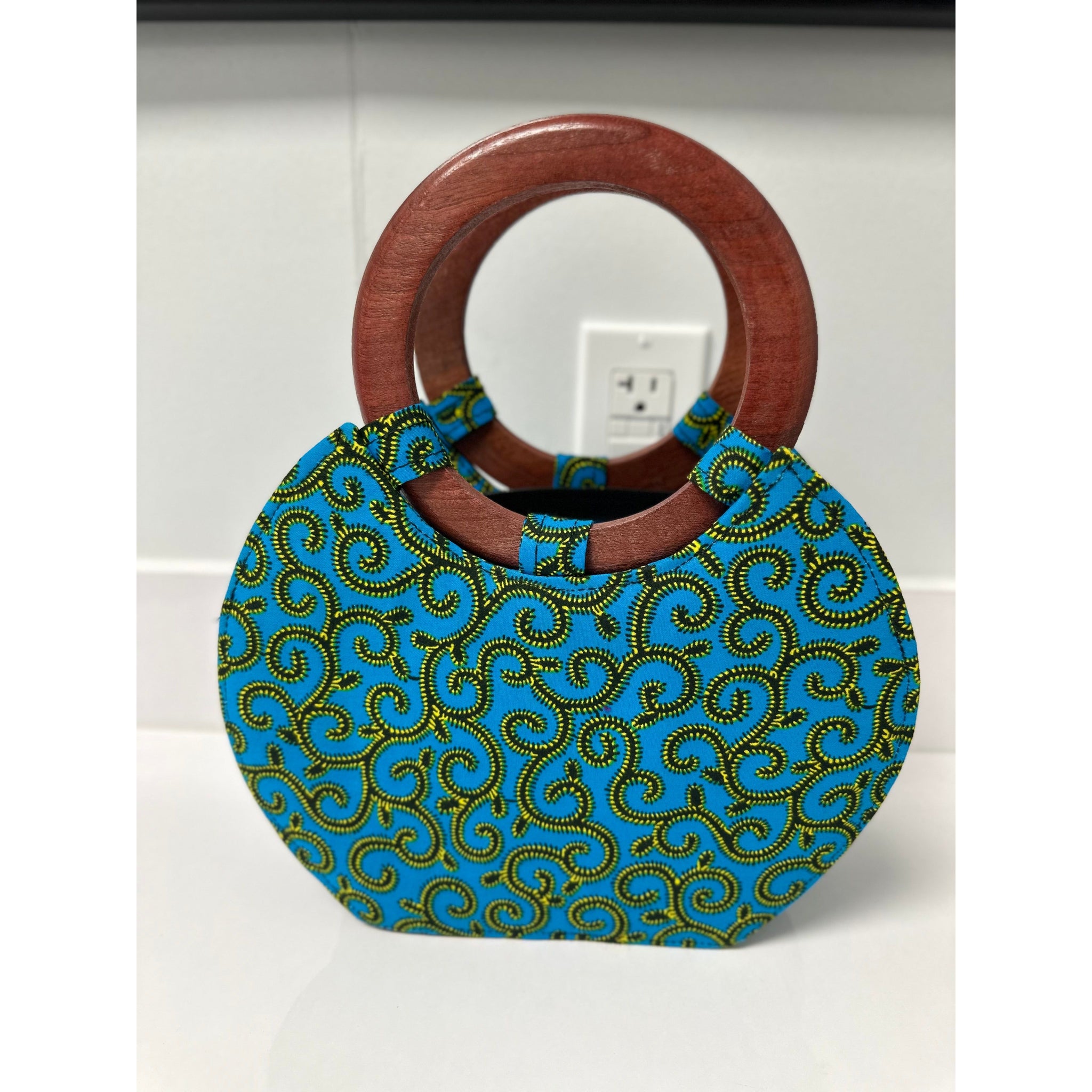 Aqua and yellow  print wooden handle handbag and folding fan