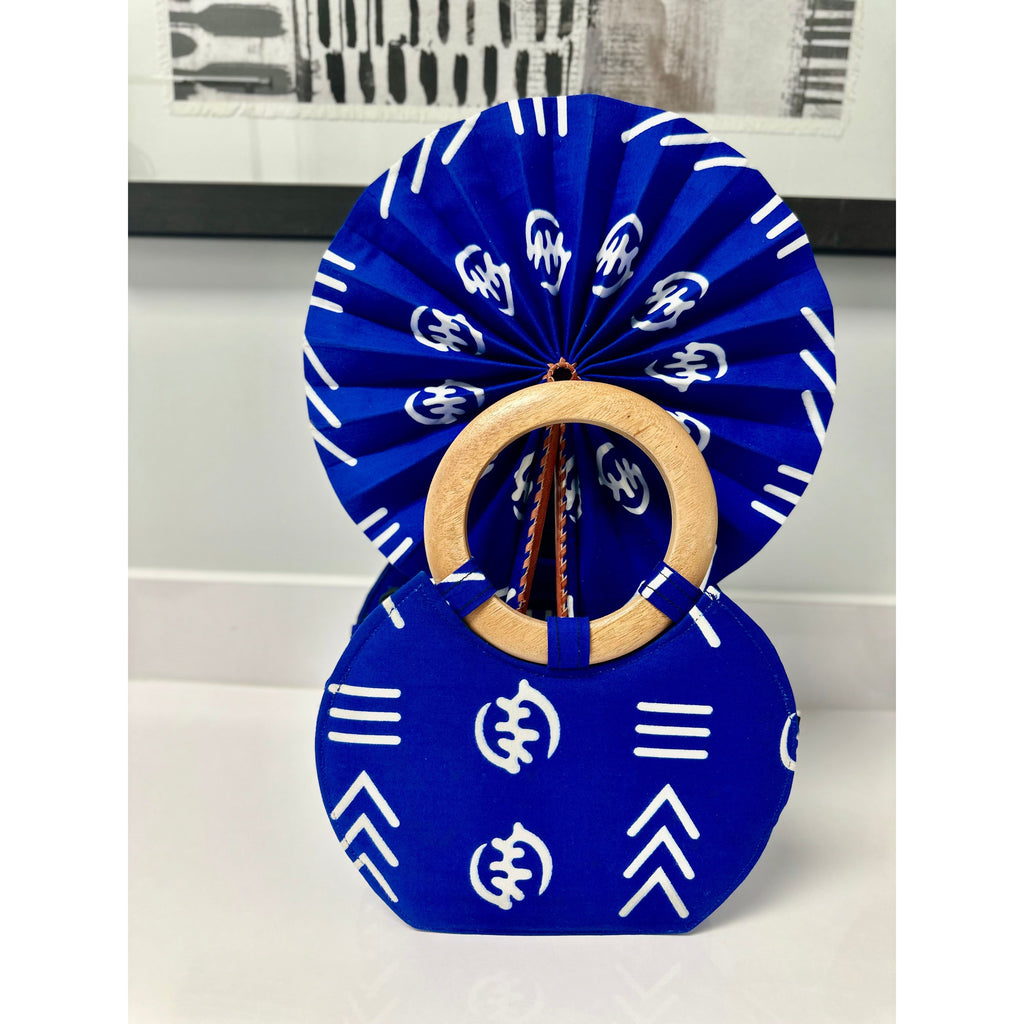 Blue and white mud cloth wooden handle handbag and folding fan