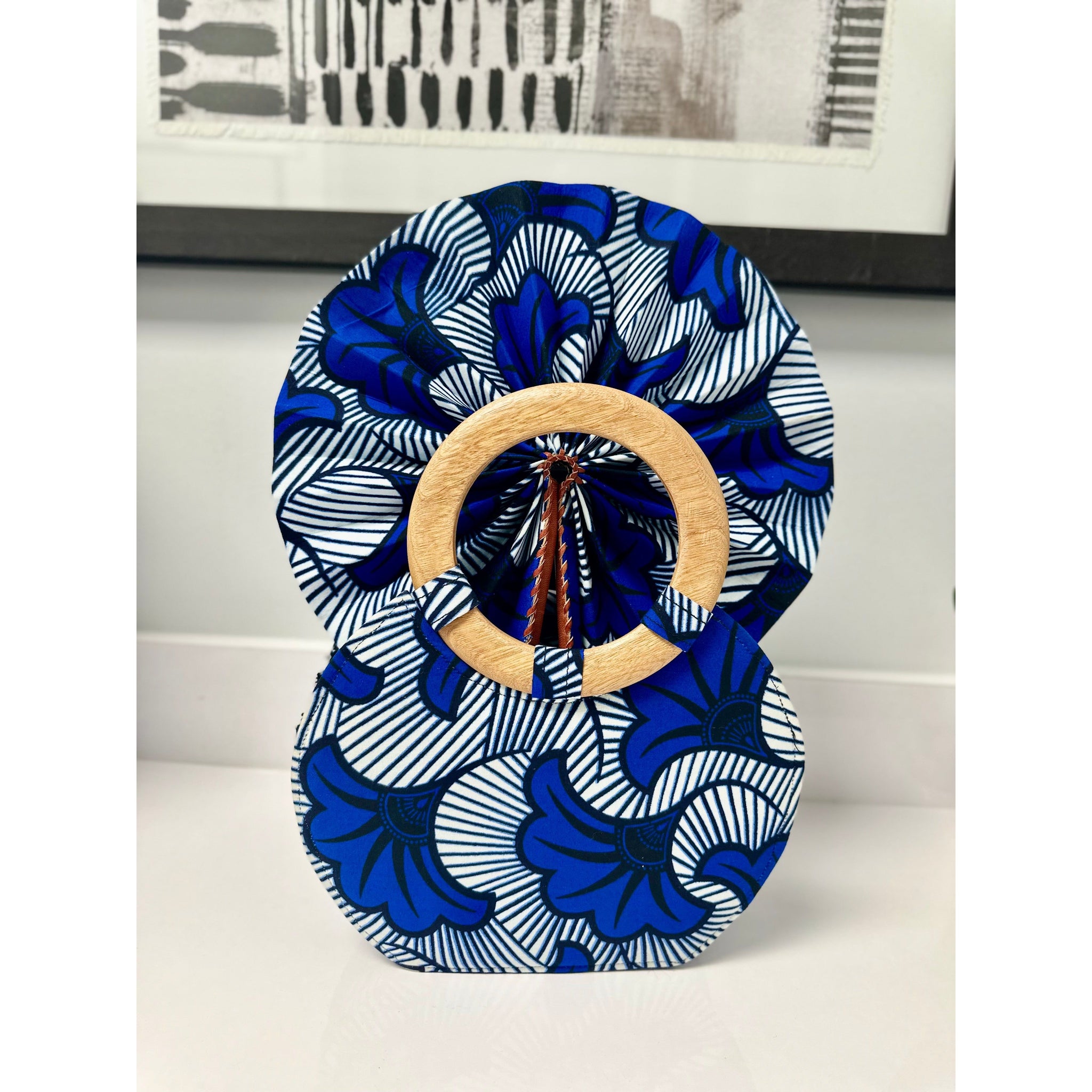 Blue flower African print wooden handle handbag