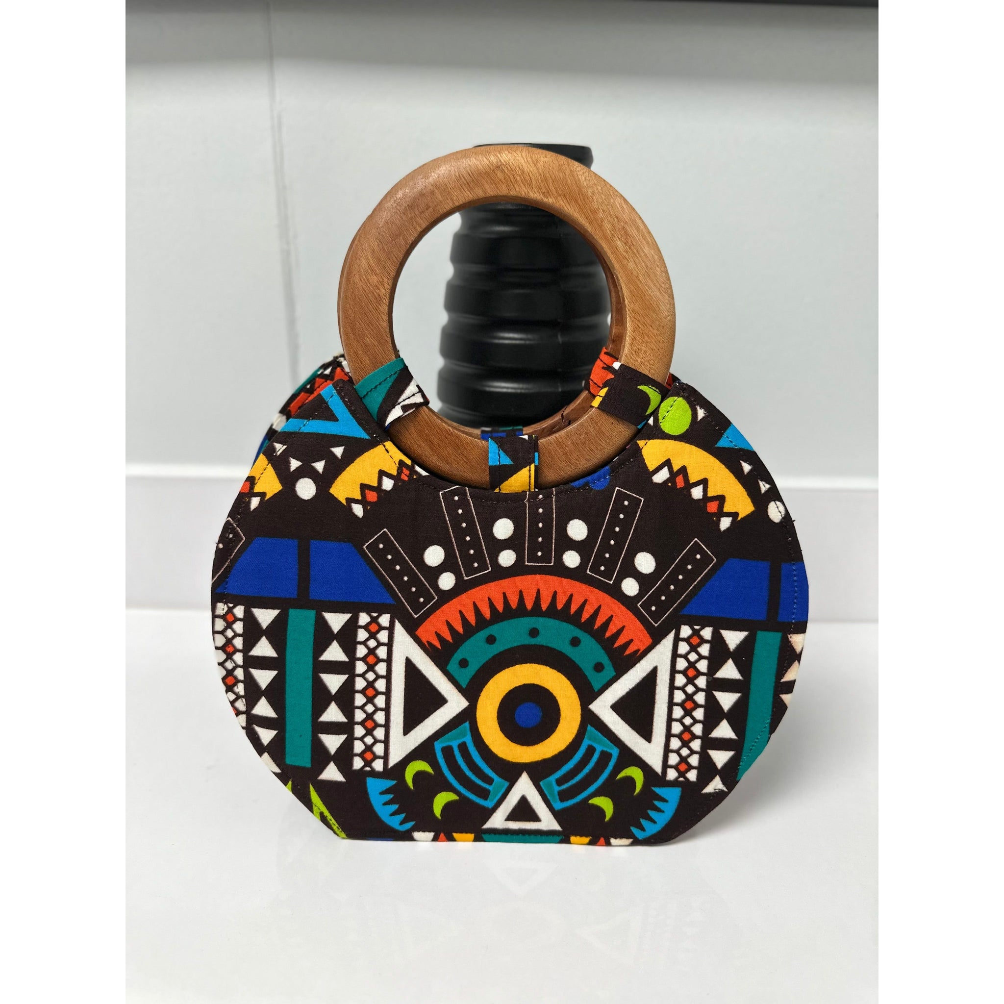 Aseda African print wooden handle handbag/ fan