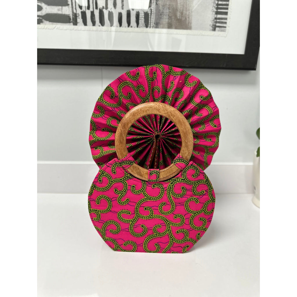 Pink and green African print wooden handle hand bag/ fan