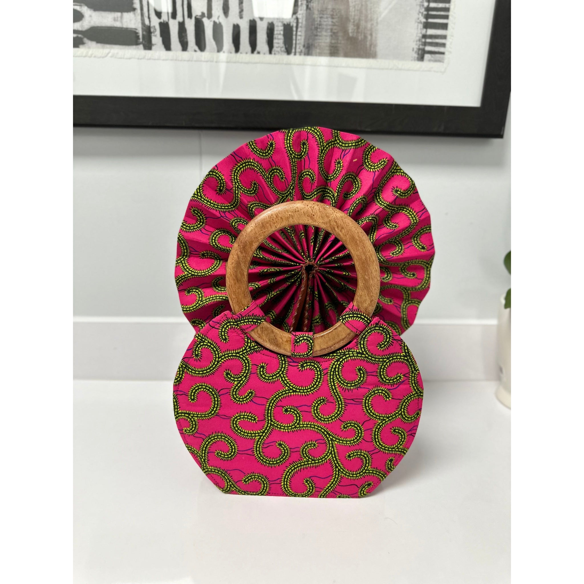 Pink and green African print wooden handle hand bag/ fan