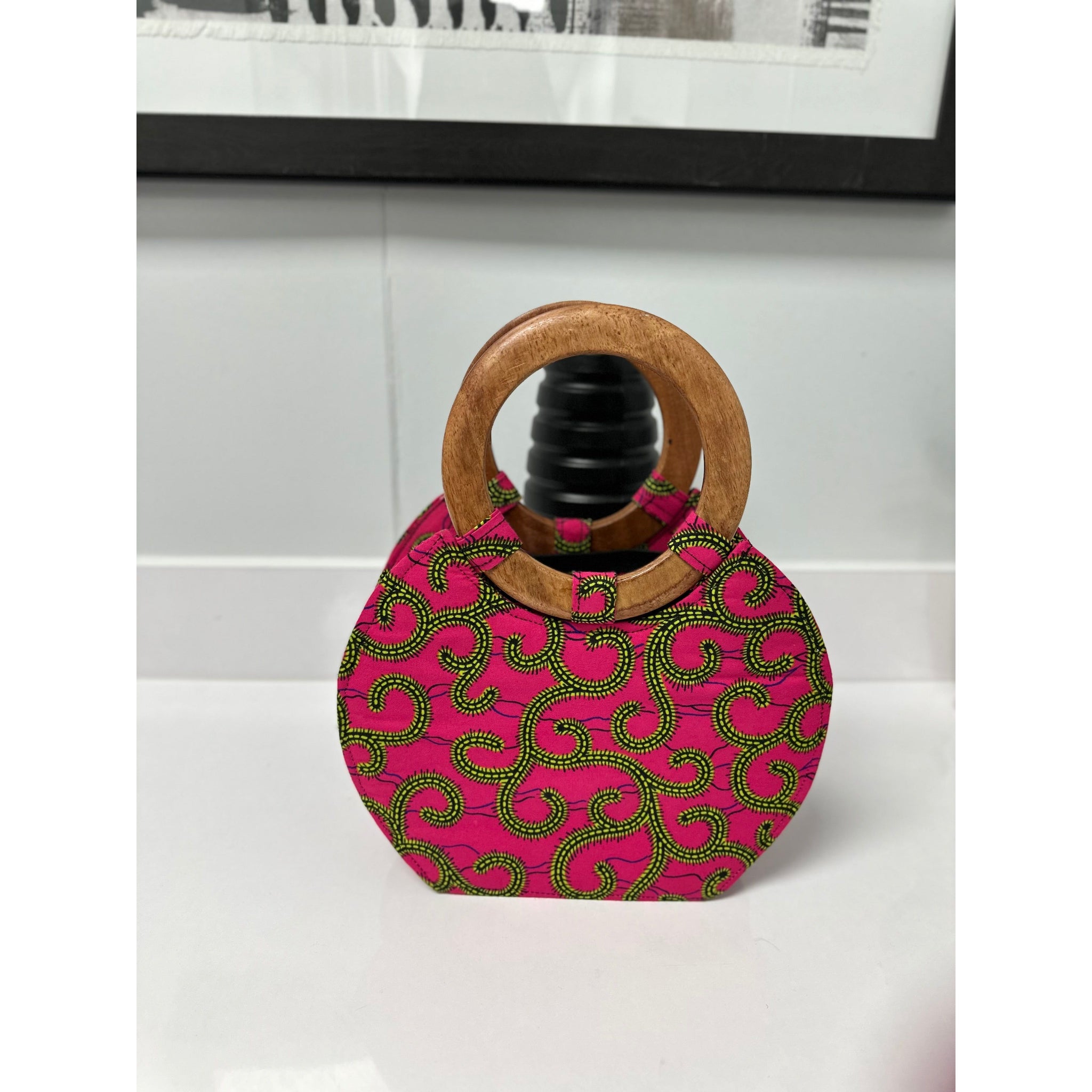 Pink and green African print wooden handle hand bag/ fan