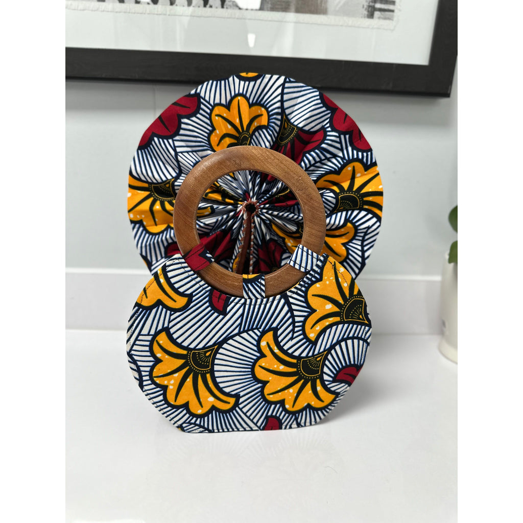 Aku African Print wooden handle handbag/fan