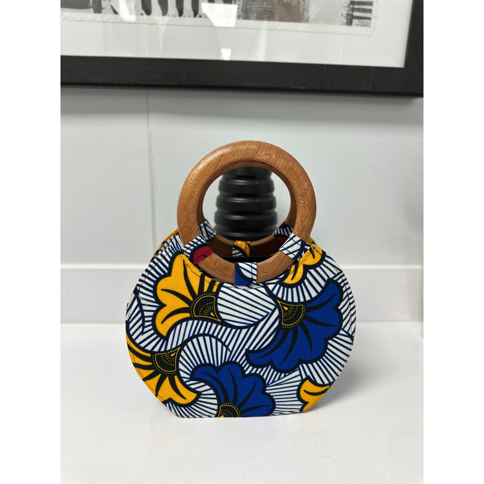 Aku African Print wooden handle handbag/fan