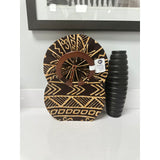 Brown mud cloth wooden handle handbag and fan