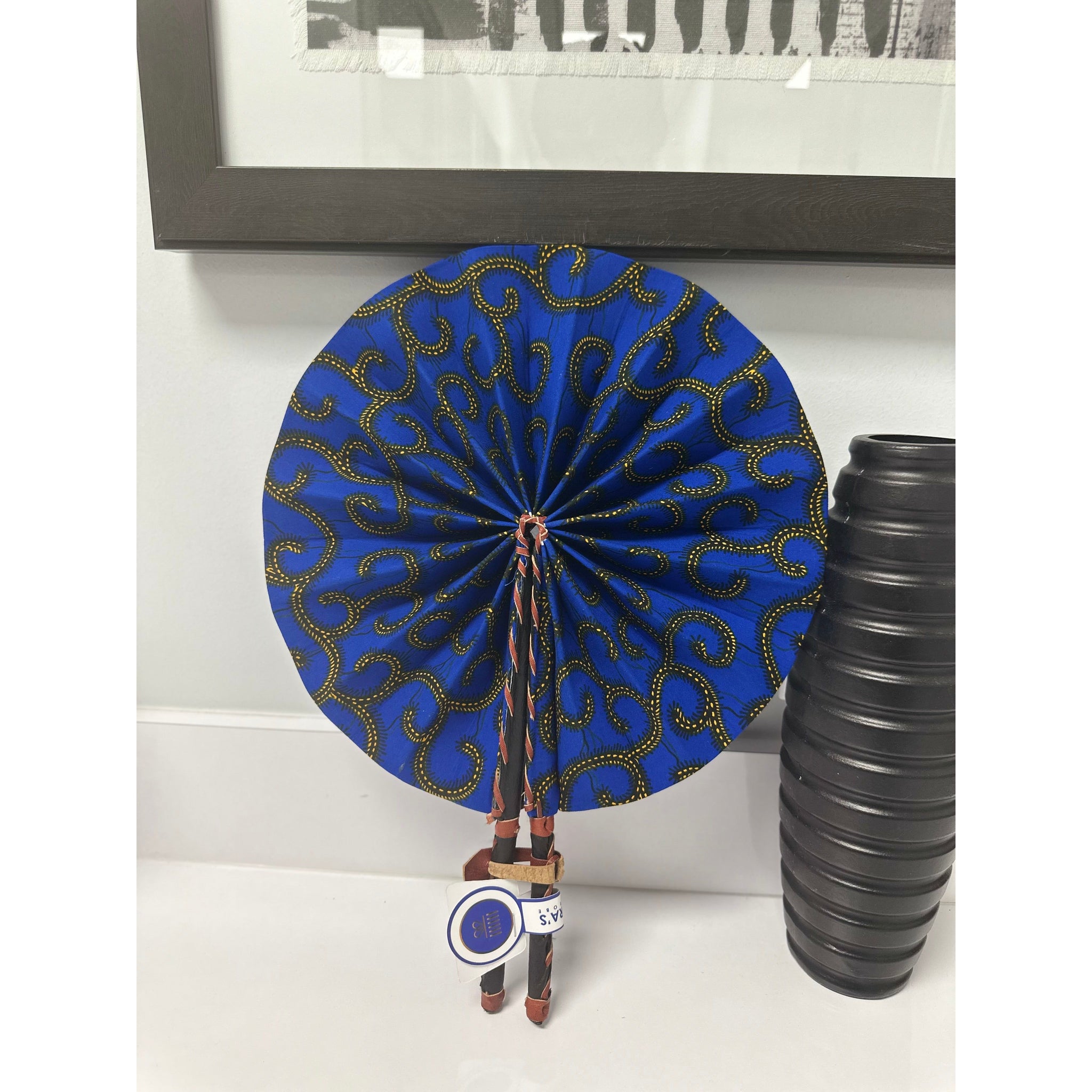 Blue and Orange African print handbag with wooden handle and fan