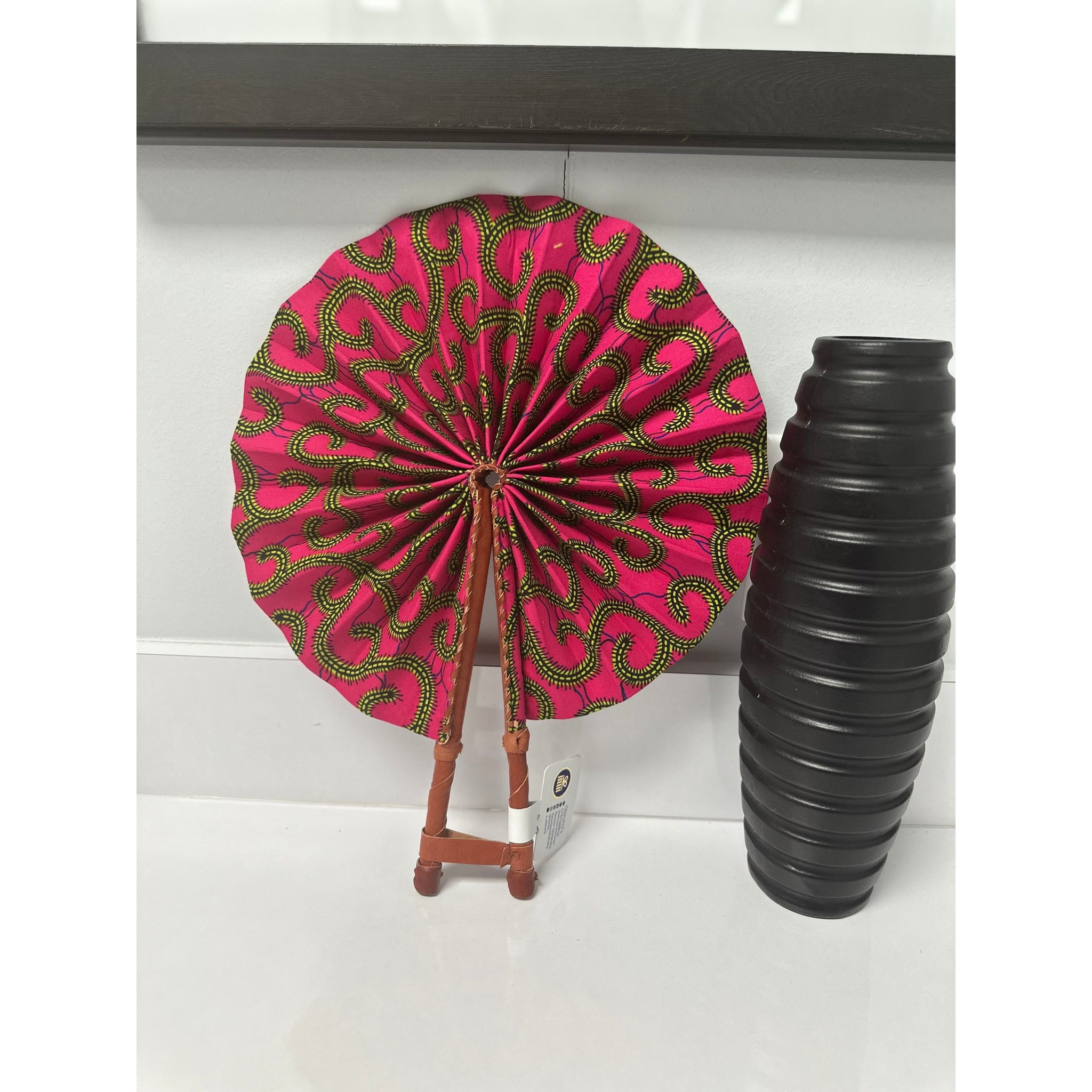 Pink and green African print wooden handle hand bag/ fan
