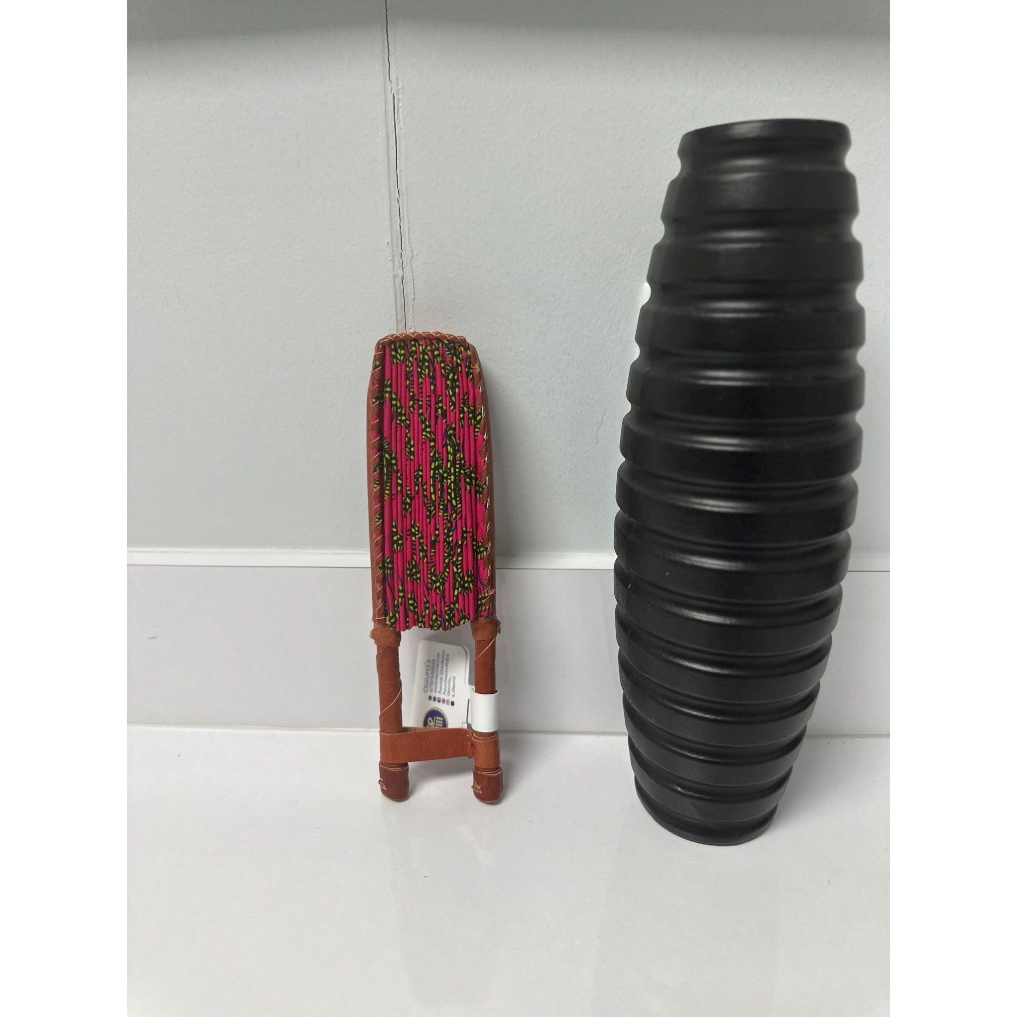 Pink and green African print wooden handle hand bag/ fan