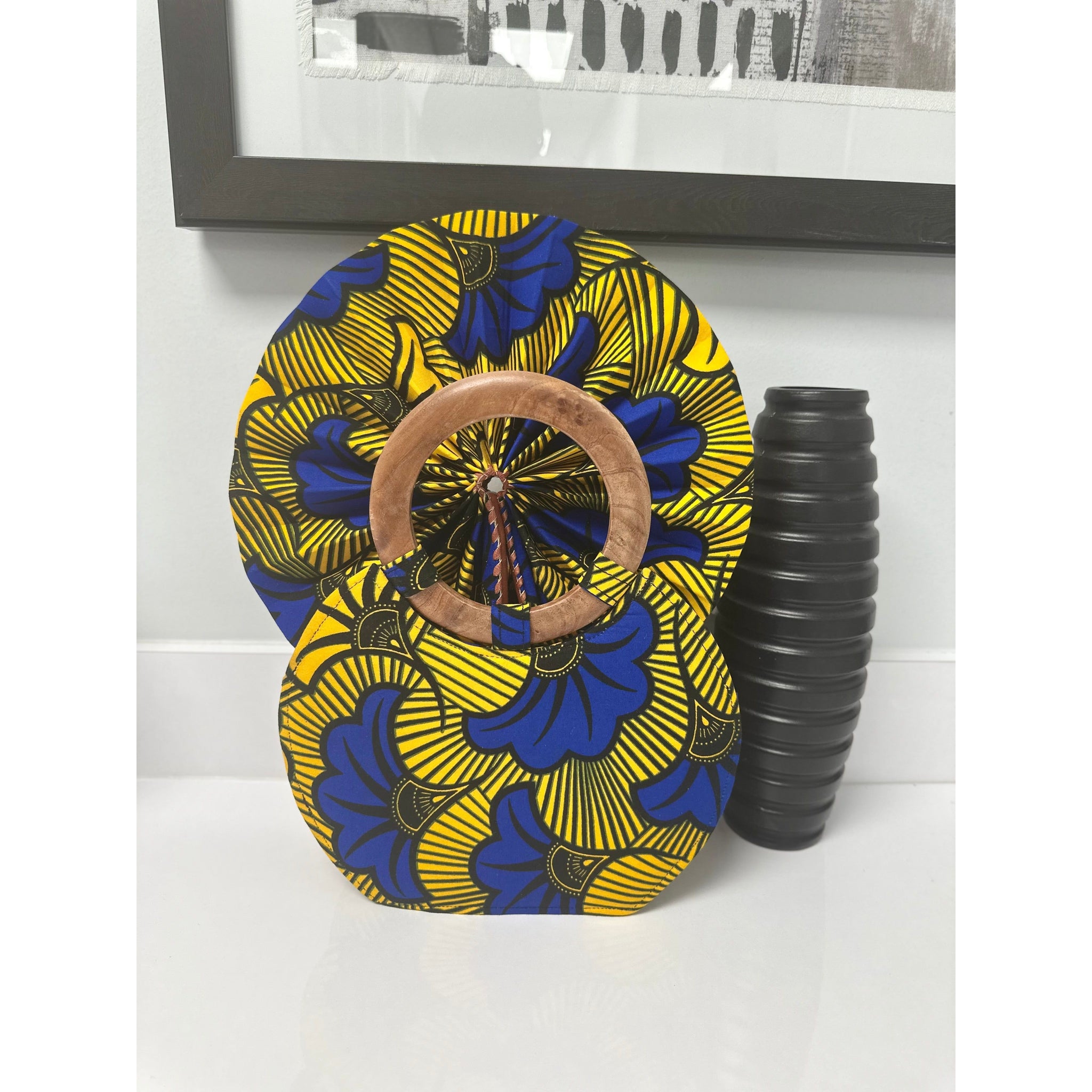 Abena African print wooden handle handbag / fan