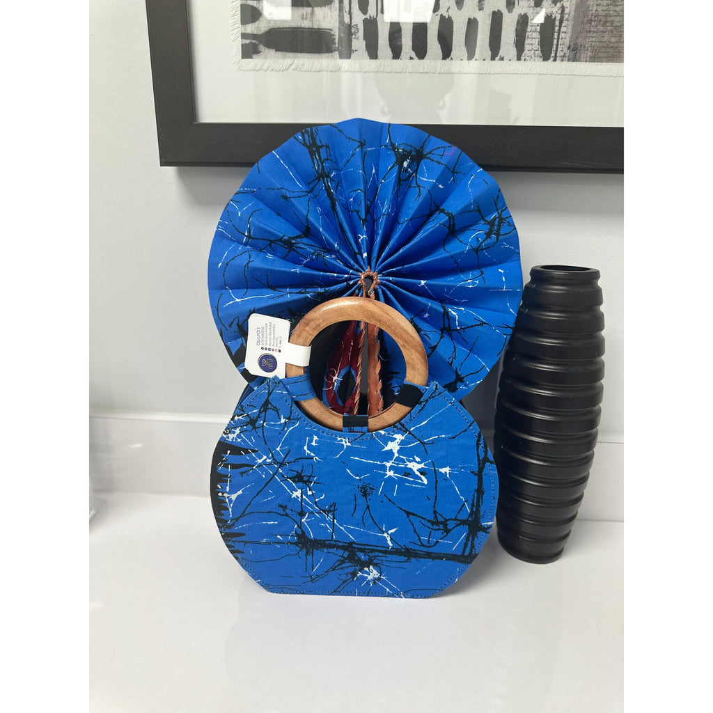 Blue red & black African wooden handle bags with folding fan