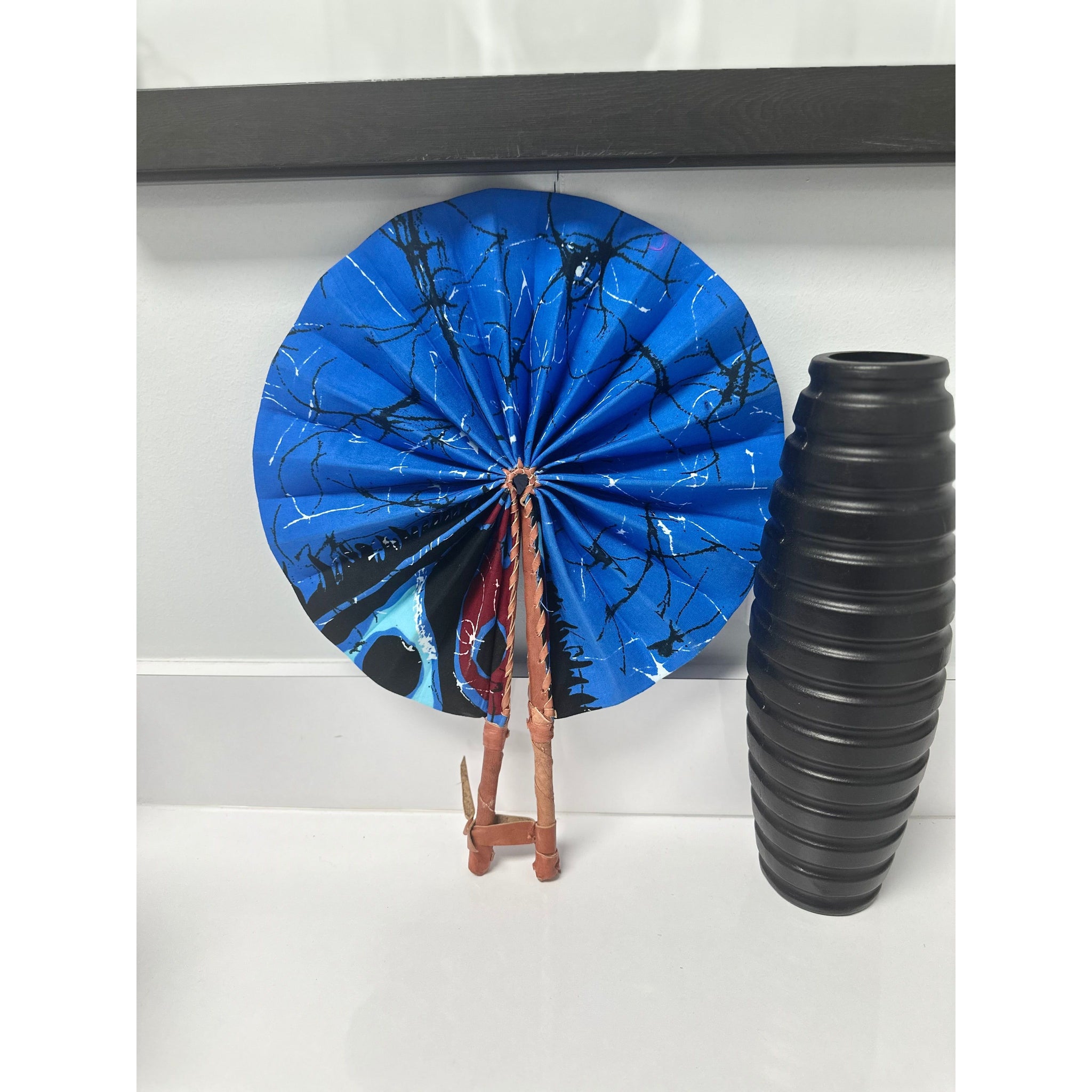 Blue red & black African wooden handle bags with folding fan