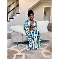 Teal Silk African print wrap dress with bishop dress