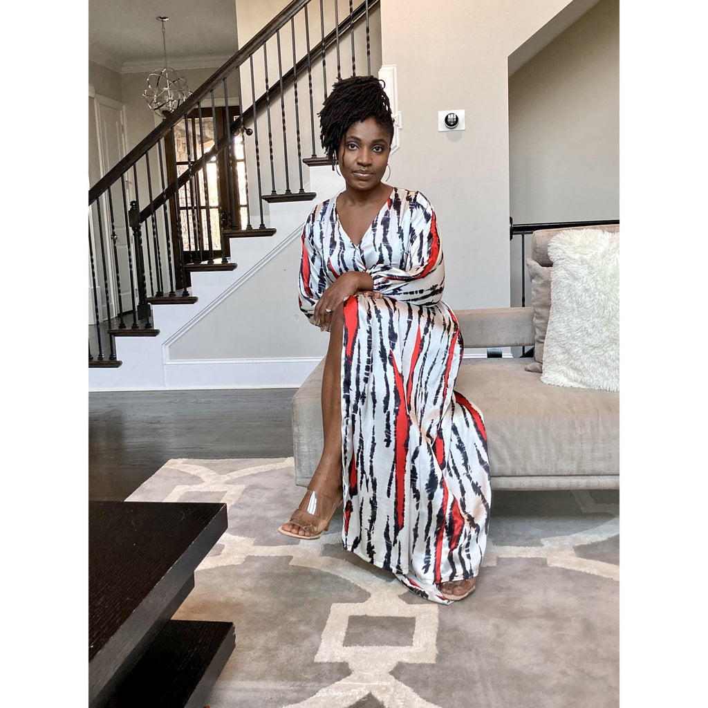 Red African print silk maxi wrap dress with bishop sleeves