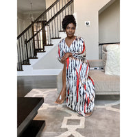 Red African print silk maxi wrap dress with bishop sleeves