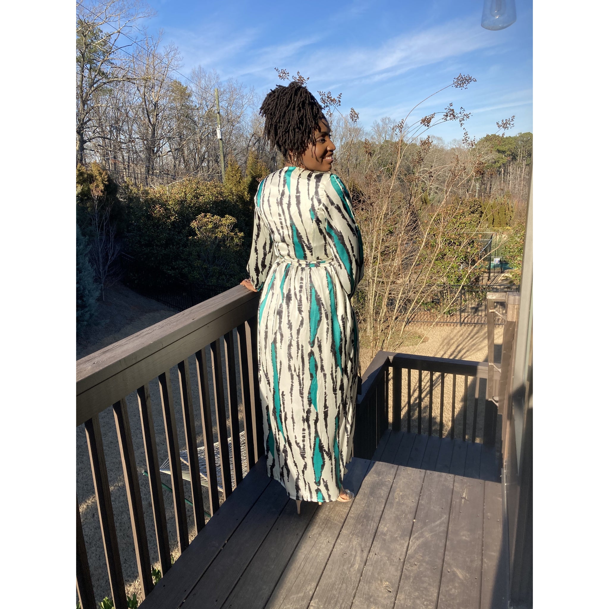 Teal Silk African print wrap dress with bishop dress