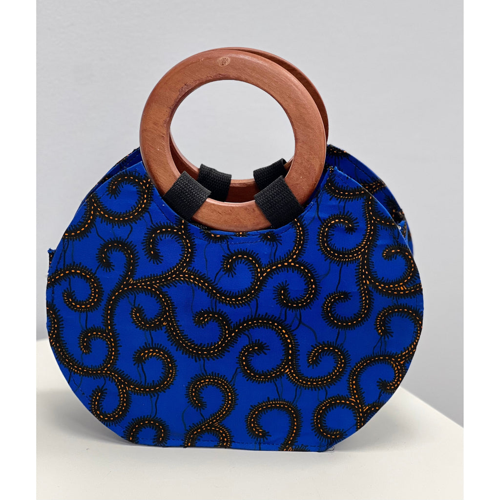 Blue and Orange African print handbag with wooden handle and fan