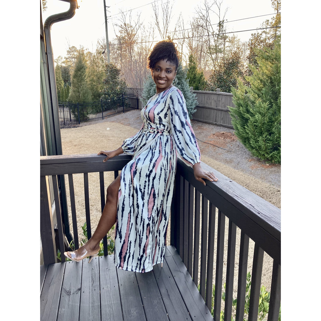 Blush African print silk wrap dress with bishop sleeves