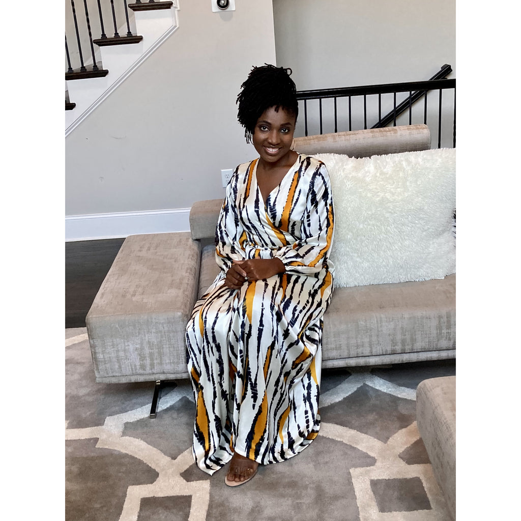 Red African print silk maxi wrap dress with bishop sleeves