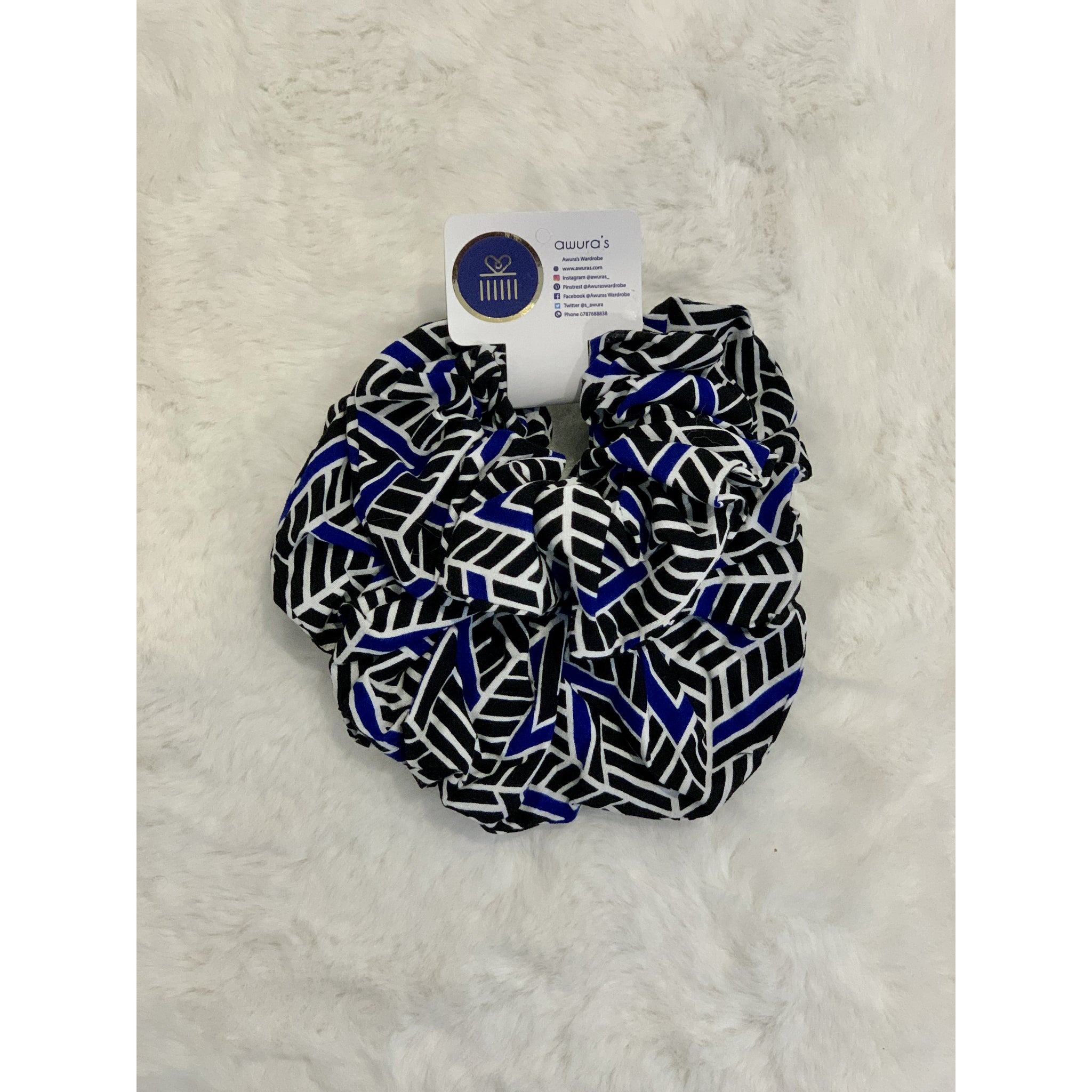 Blue, white and black African print Scrunchie set