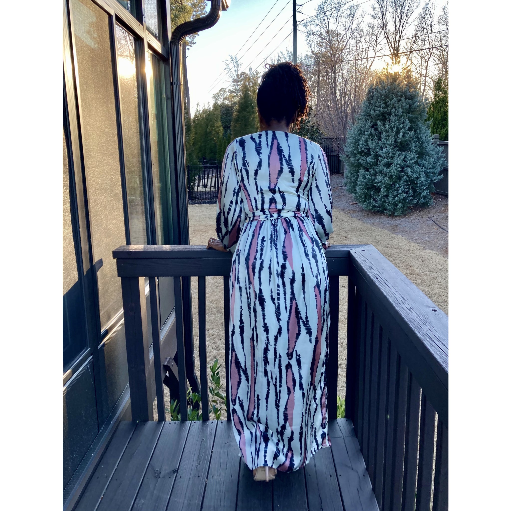 Blush African print silk wrap dress with bishop sleeves