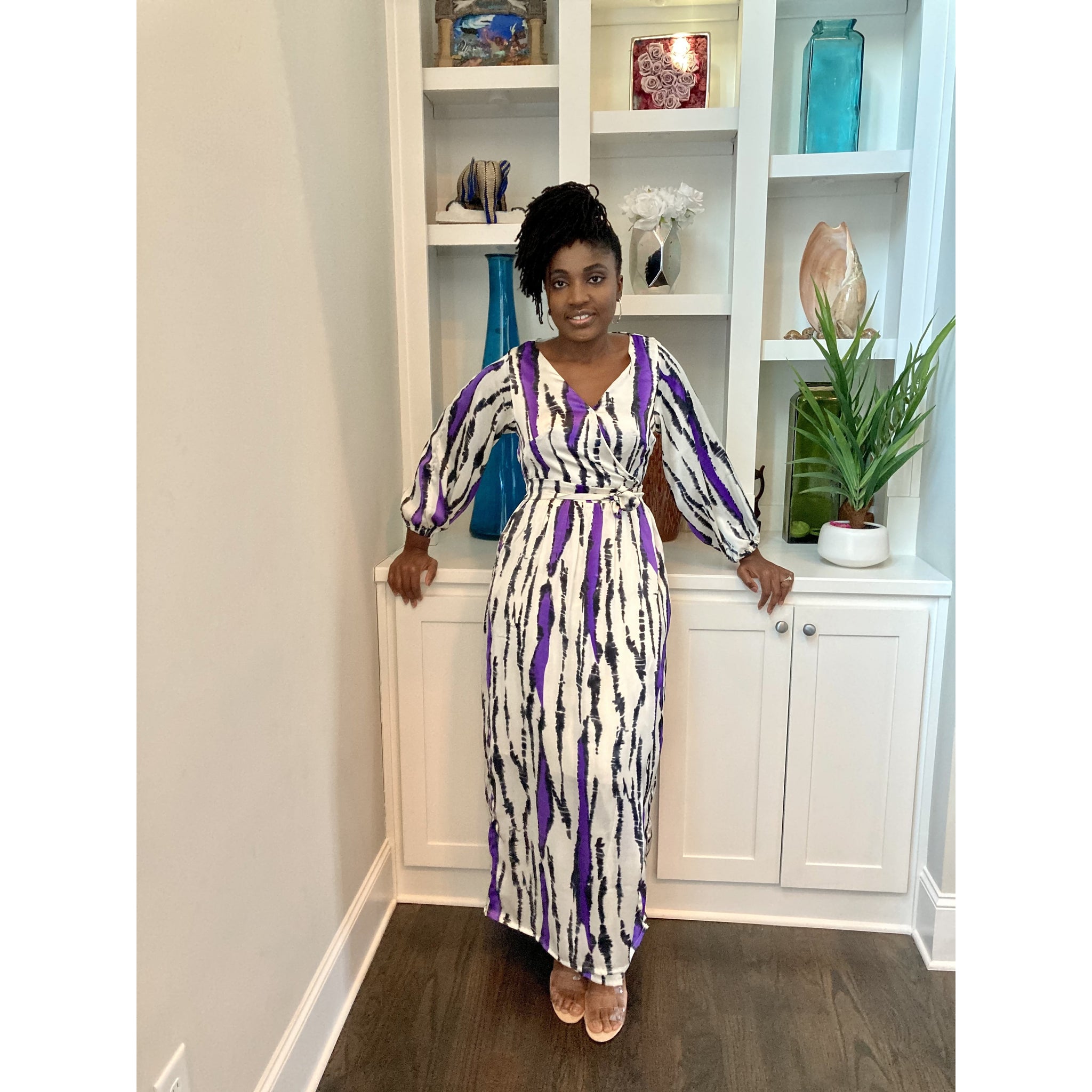 Purple Silk African print wrap dress with bishop sleeve