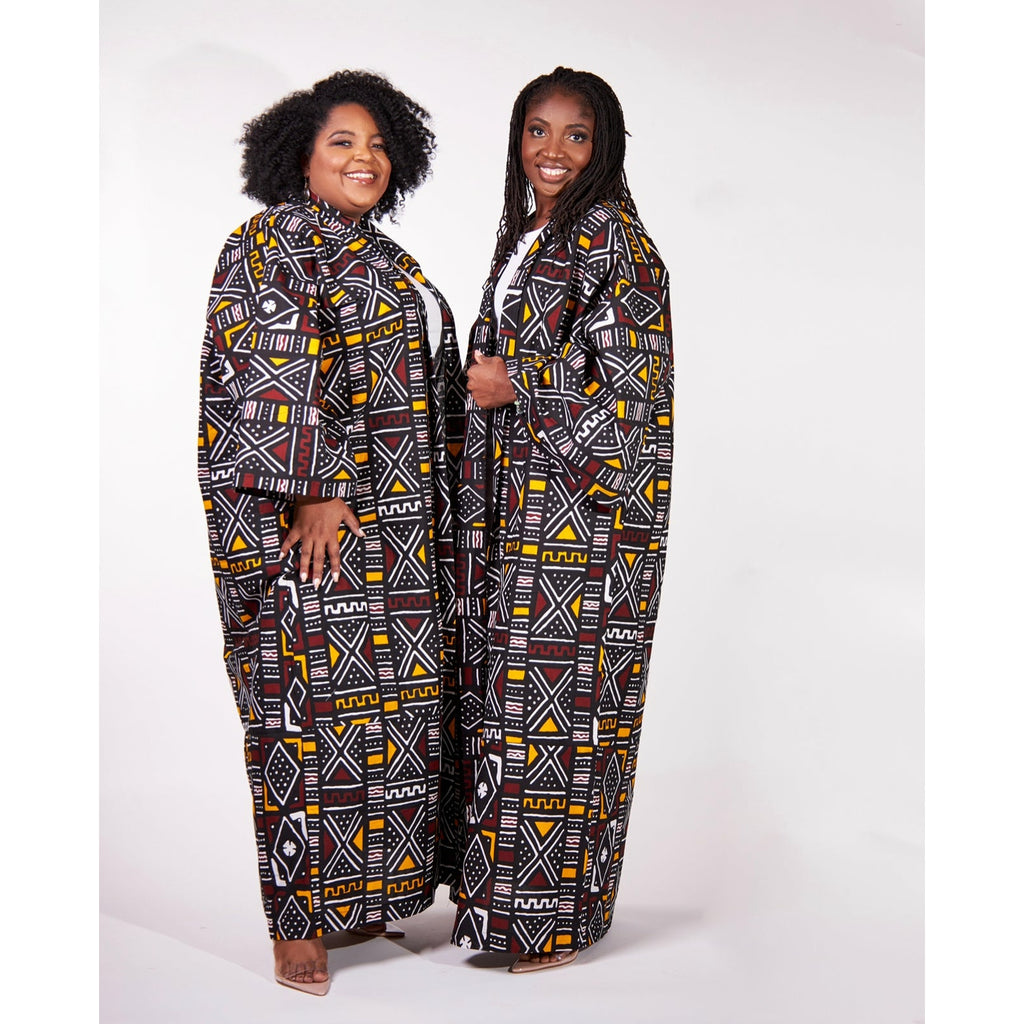 Nazli African Trench Kimono Jacket Robe in Brown Orange Cream Black and  White Mud Cloth Pattern - Chimzi