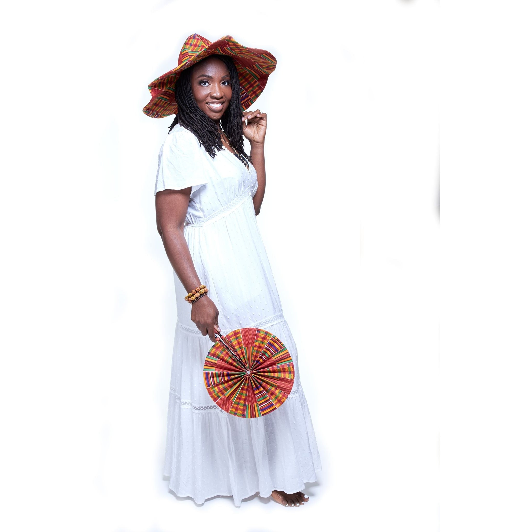 Blue and yellow African print folding cloth fan