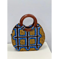 Blue and mustard African print wooden handle hand bag