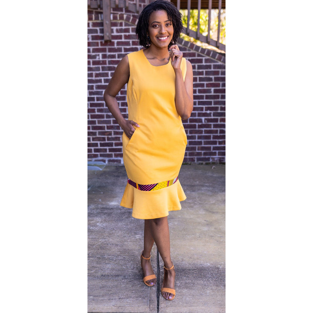 Mustard Yellow Dress with Print and Pocket
