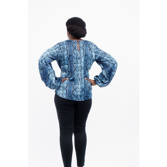 Blue and Black animal print bishop sleeves top