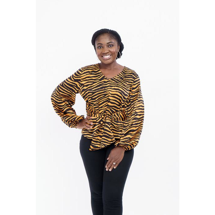 Mustard and Black strips v-round neck with bishop sleeves