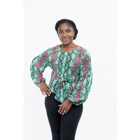 Green and Pink print v-round neck top with bishop sleeves