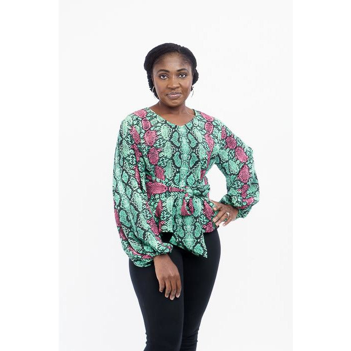 Green and Pink print v-round neck top with bishop sleeves
