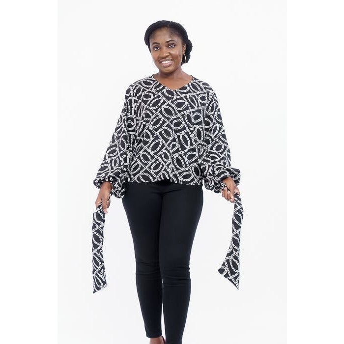 Red and Black print v-round neck with bishop sleeves top