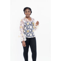 Gold and white see through print v-round neck with bishop sleeve top