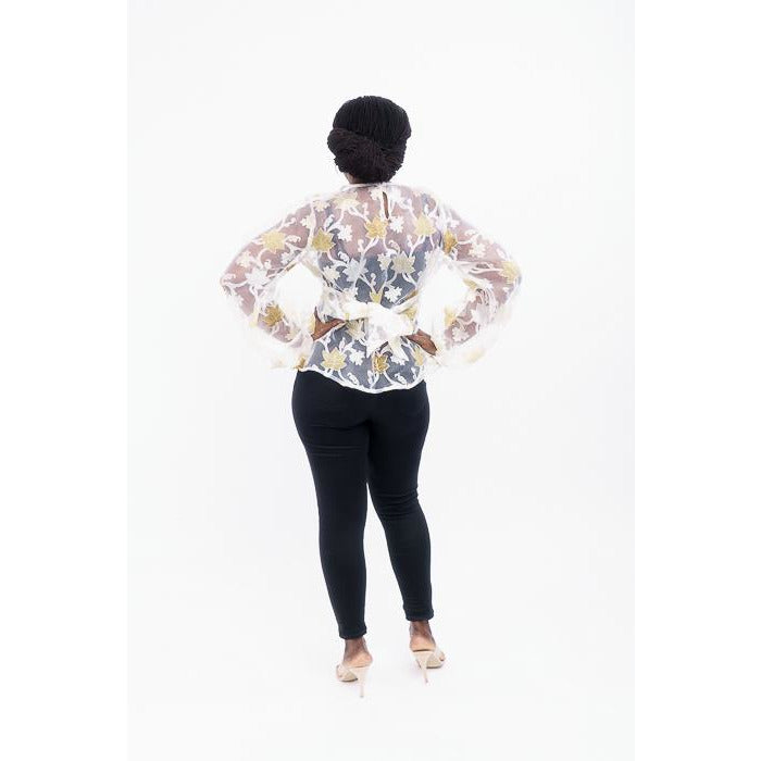 Gold and white see through print v-round neck with bishop sleeve top