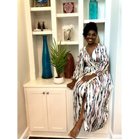 Blush African print silk wrap dress with bishop sleeves