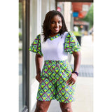 Be the center of attention this summer with this beautiful African print romper. Couple it with its matching 3-layered face mask, and enjoy the fun of the outside world while protecting yourself and others from covid19. Dress it up or down- your choice