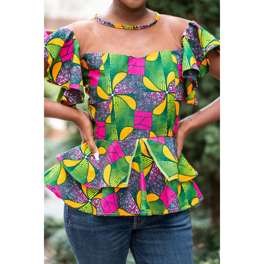 Frema African Print with Skin Tone Double Peplum Top