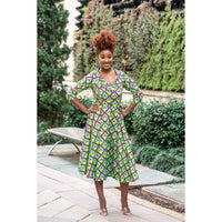 Green Shirt Collar Midi African Print Dress